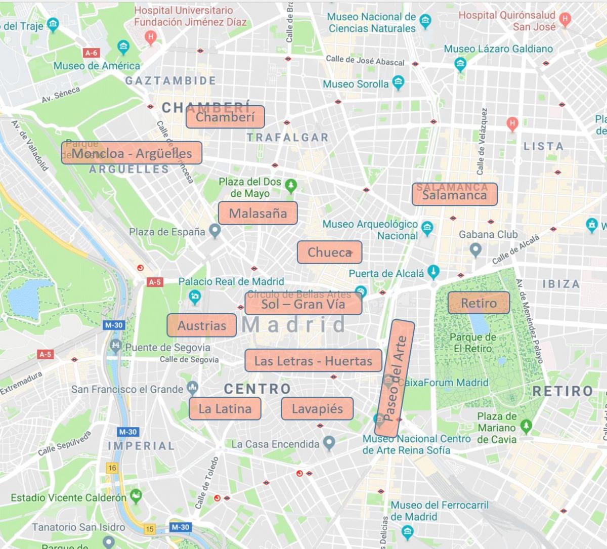 地图西班牙马德里的街区